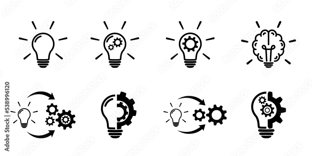 Fototapeta premium Light bulb icon set on white. Creative, innovation concept icons in flat style. Process, implementation symbols Light bulb with gear line signs Idea symbols Vector illustration for graphic design, Web