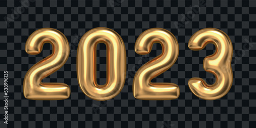 New Year 2023 text. Realistic golden 3d balloon numbers. Vector design. photo