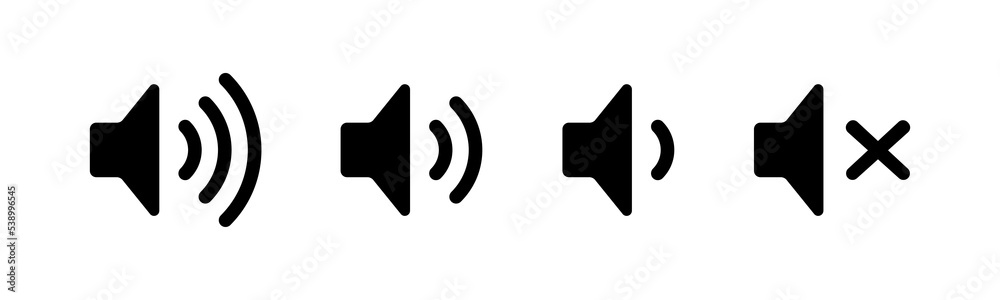 Increases and reduces sound icon set in flat style. Simple sound icons with different signal levels. Sound symbols isolated on white background. Vector illustration for graphic design, Web, UI, app Increases and reduces sound icon set in flat style. Simple sound icons with different signal levels. Sound symbols isolated on white background. Vector illustration for graphic design, Web, UI, app