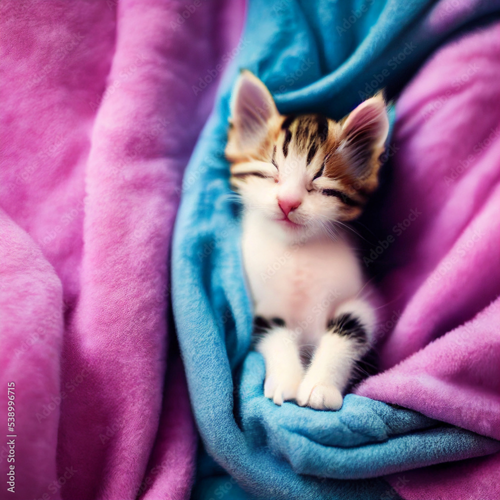 kitten sleeping on pink blanket