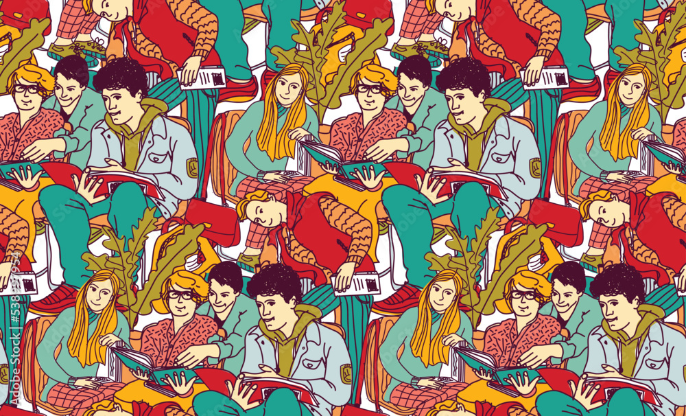 Education group students with books and textbooks seamless pattern