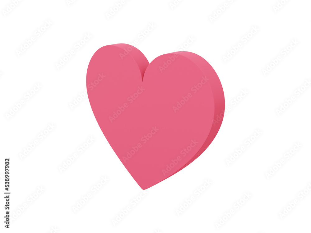 Flat heart. Red single color. Symbol of love. On a monochrome white background. Right side view. 3d rendering.