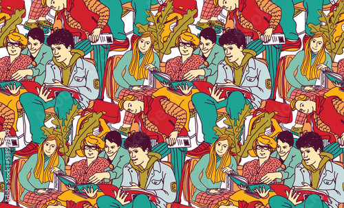 Education group students with books and textbooks seamless pattern