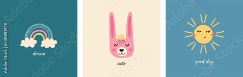 Scandinavian vector illustration with a rainbow, a cute bunny in a crown, and a sun.  Prints with inscriptions for children's clothes, cards and posters. Painting for children's room.
