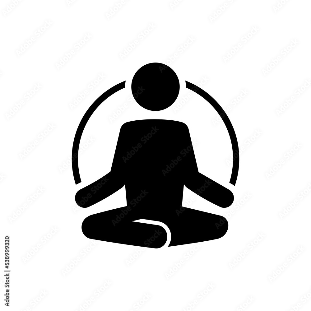 Yoga fitness icon in flat style. Meditate concept. Yoga symbol isolated on white background. Simple abstract yoga icon in black. Modern flat vector illustration for graphic design, Web, UI, mobile upp Yoga fitness icon in flat style. Meditate concept. Yoga symbol isolated on white background. Simple abstract yoga icon in black. Modern flat vector illustration for graphic design, Web, UI, mobile upp