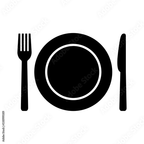 Plate, fork and knife icon in flat style. Food symbol isolated on white background. Bar, cafe, hotel concept. Simple eating icon in black. Vector illustration for graphic design, Web, UI, mobile upp