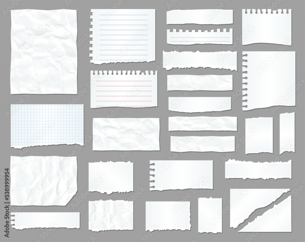 White torn paper, rip paper pieces. To do list notebook crumpled realistic vector sheet, message banner on office paper stripe with wrinkles, business schedule or notepad reminder, scrapbook sticker - obrazy, fototapety, plakaty 