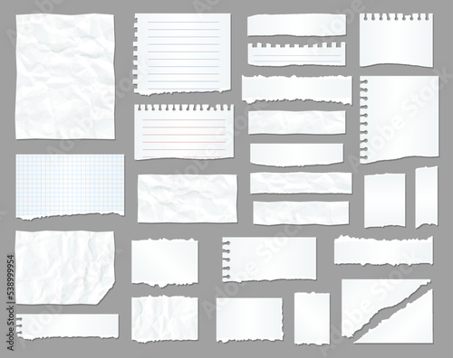 White torn paper, rip paper pieces. To do list notebook crumpled realistic vector sheet, message banner on office paper stripe with wrinkles, business schedule or notepad reminder, scrapbook sticker