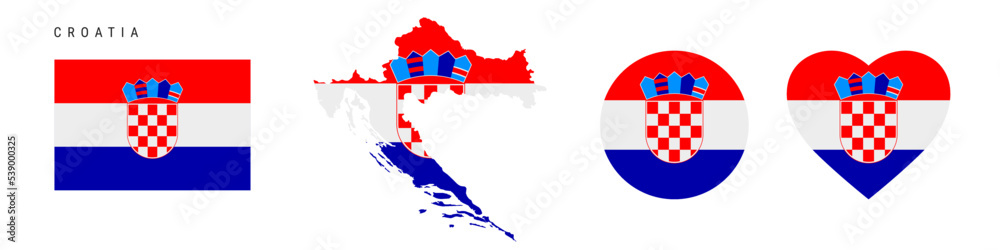 Naklejka premium Croatia flag icon set. Croatian pennant in official colors and proportions. Rectangular, map-shaped, circle and heart-shaped. Flat vector illustration isolated on white.