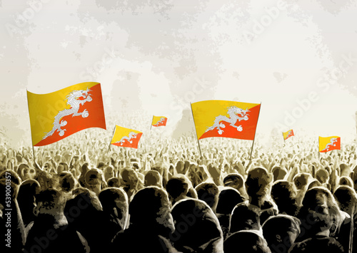Crowd with the flags of Bhutan, people cheering national team of Bhutan. Ai generated illustration of crowd.