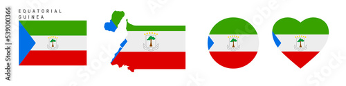 Equatorial Guinea flag icon set. Republic of Equatorial Guinea pennant in official colors and proportions. Rectangular, map-shaped, circle and heart-shaped. Flat vector illustration isolated on white.