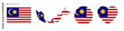 Malaysia flag icon set. Malaysian pennant in official colors and proportions. Rectangular, map-shaped, circle and heart-shaped. Flat vector illustration isolated on white. photo