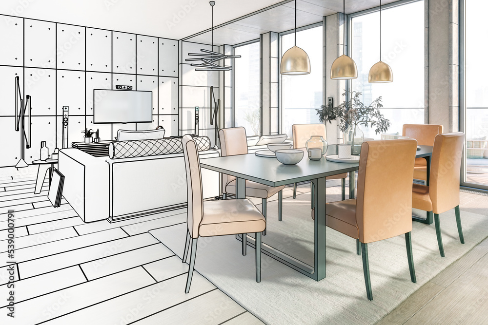 Fototapeta premium Cute Penthouse Open Area Loft (draft) - 3D Visualization