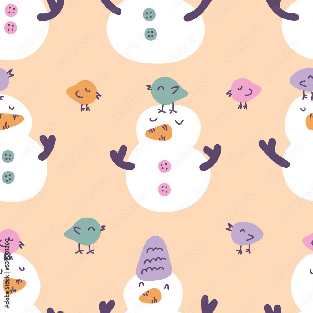 Winter seamless pattern with snowmen and birds. Childish print for tee, paper, fabric, textile. Hand drawn vector illustration for decor and design.