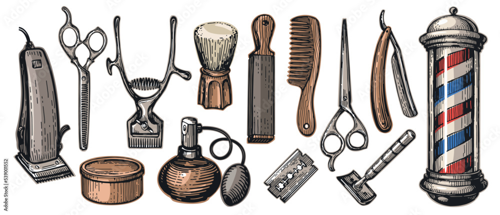 Set retro barbershop tools and items. Shaving and hairdressing concept. Beauty saloon vintage vector illustration - obrazy, fototapety, plakaty 