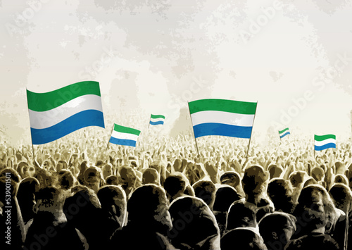 Crowd with the flags of Sierra Leone, people cheering national team of Sierra Leone. Ai generated illustration of crowd.