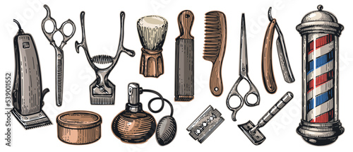 Set retro barbershop tools and items. Shaving and hairdressing concept. Beauty saloon vintage vector illustration