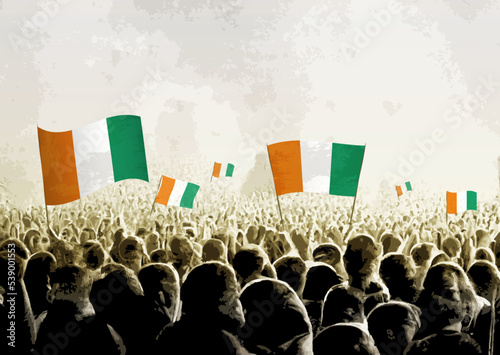 Crowd with the flags of Ivory Coast, people cheering national team of Ivory Coast. Ai generated illustration of crowd.