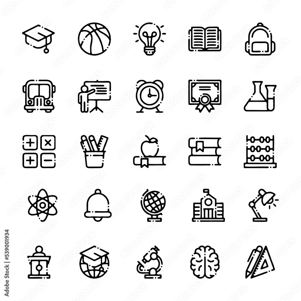Set of modern flat line art vector icons of school subjects, activities ...