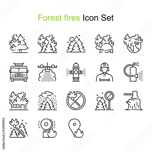 Forest fire related, pixel perfect, editable stroke, up scalable square line vector icon set