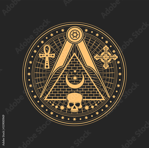 Magic talisman occult and esoteric symbol as skull, celtic cross and Egypt ankh, pyramid and pentagram. Vector alchemy magic sign, esoteric spiritual amulet