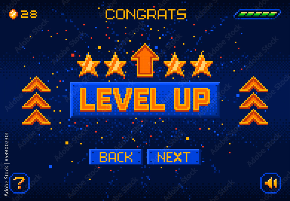 8bit game level up pixel screen. Retro arcade user interface mosaic backdrop or level design element, 16 bit platform console victory menu pixelated vector background. PC vintage game bonus display