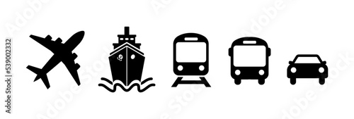 Transport icon set Airplane, Ship or Ferry, Train, Public bus, and auto symbols in flat style Shipping delivery symbol isolated on white background Vector illustration for graphic design, Web, UI, app