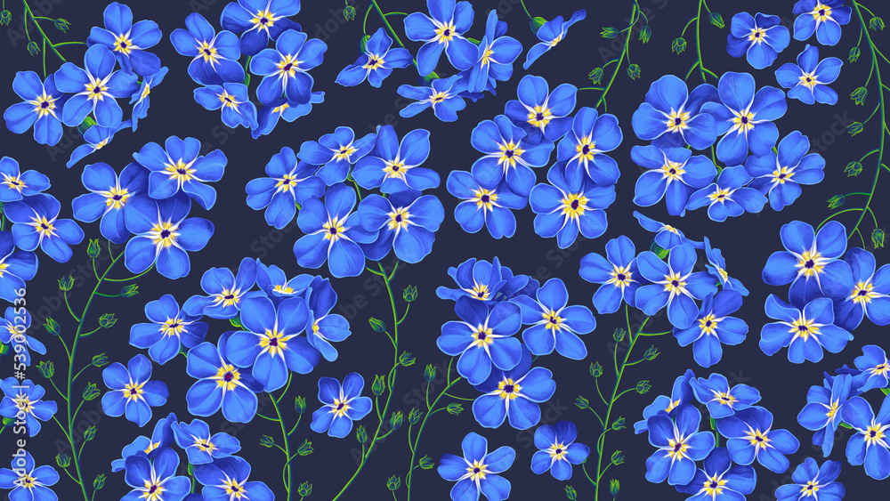 Large floral background with blue forget-me-not flowers in wallpaper for  computer desktop, tablet, cell phone, social media covers. Realistic highly  detailed vector plants Illustration Stock | Adobe Stock