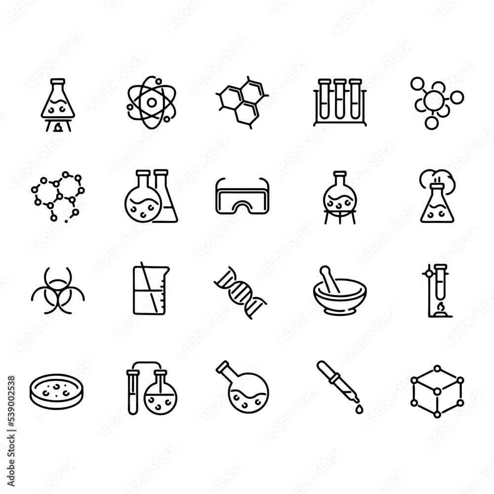 Large Set Of Chemistry Lab And Diagrammatic Icons Showing Assorted 