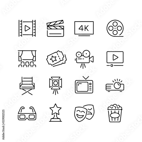 Simple Set of Cinema Related Vector Line Icons. Contains such Icons as Movie Theater, TV, Popcorn, Video Clip and more. Editable Stroke.