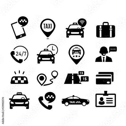 Vector illustration of thin line icons for Taxi application Linear symbols set