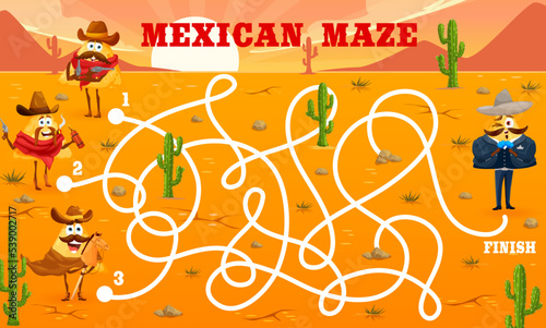 Labyrinth maze game. Cowboys, bandit and sheriff mexican nachos characters. Find way puzzle vector worksheet on cartoon background of Mexico dessert with funny tortilla chips, cowboy hats and guns
