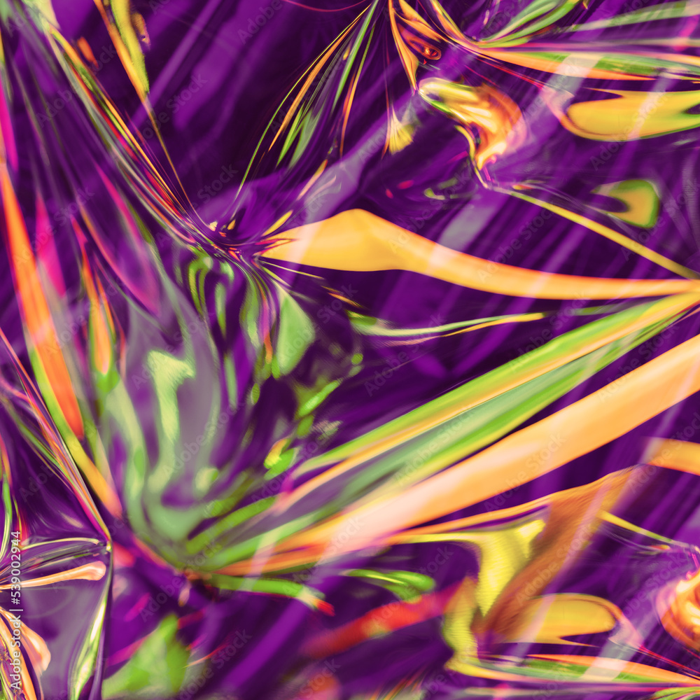 Fototapeta premium Abstract iridescent holographic blue violet orange neon techno lights background with lens flare soft focus. Trending colors festive background for greeting card or blog