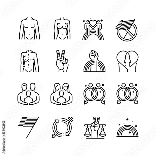 LGBT, LGBTQ Movement Linear Vector Icons Set. LGBT Community Thin Line Contour Symbols Pack. Gay, Lesbian, Homosexual Relationship Pictograms Collection. Love Freedom, Equality Outline Illustrations