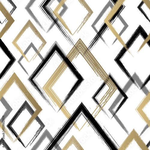 Abstract rhombus seamless pattern. Repeating gold grunge backdrop. Random squares. Background golden square. Geometric texture. Repeated graphic patern. Repeat design for prints. Vector illustration