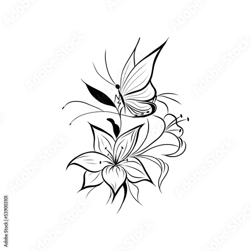The butterfly sits on a beautiful flower. Vector sketch drawn by hand
