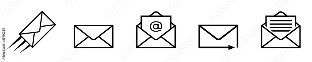 Set mail icons. Mail delivery symbols. Letter in envelope. Set of email signs. Sending message Icons collection isolated on white background. Vector illustration. Flat design style. Set mail icons. Mail delivery symbols. Letter in envelope. Set of email signs. Sending message Icons collection isolated on white background. Vector illustration. Flat design style.