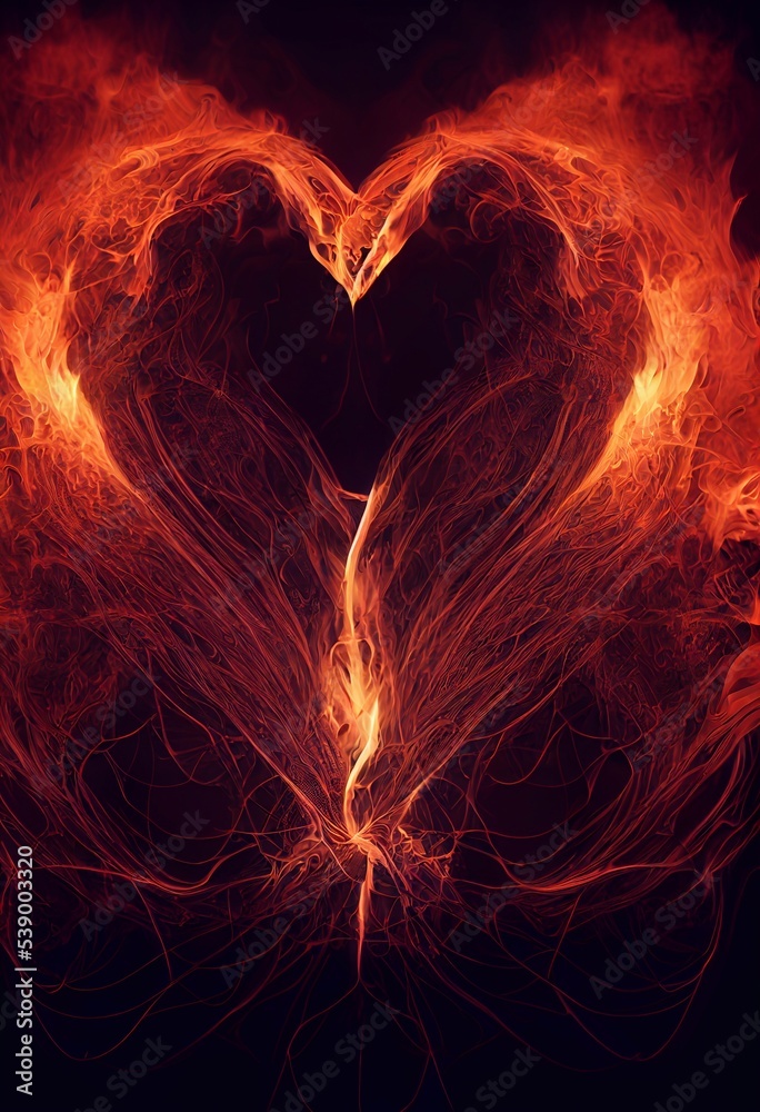 Fototapeta premium Computer generated 3D illustration of yellow and orange heart shape fire flames against a black background. A.I. generated art.