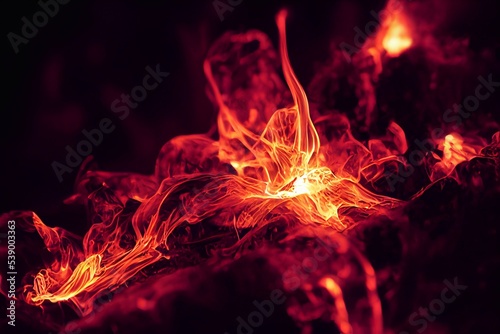 Computer generated 3D illustration of yellow and orange fire flames against a black background. A.I. generated art.