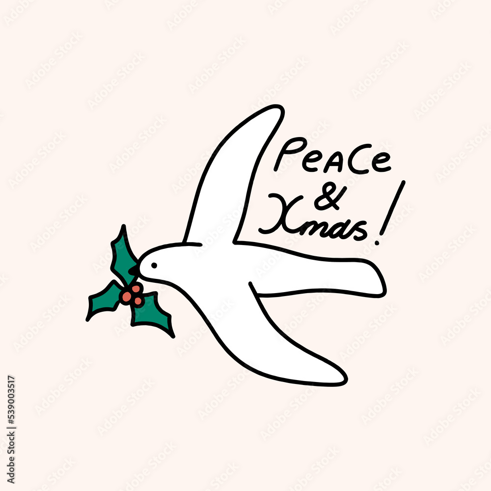 Groovy comic Peace and Xmas text, colorful white dove bird isolated on color background. Doodle boho Christmas and New Year cartoon doodle character, holiday card, sticker, coloring decor element Groovy comic Peace and Xmas text, colorful white dove bird isolated on color background. Doodle boho Christmas and New Year cartoon doodle character, holiday card, sticker, coloring decor element