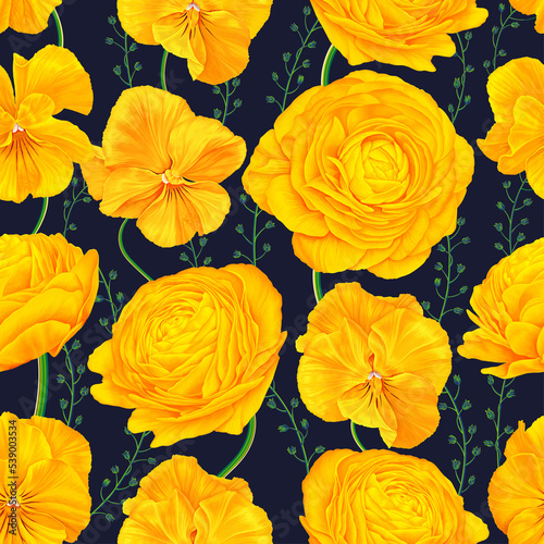 Seamless botanical pattern with yellow flowers on dark background. Realistic hand-drawn Pansies  Buttercups. Repeatable ornament for banners  posters  advertisements  textiles  clothing design.