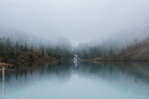 Mountain creek flows from forest hills into glacial lake in mysterious fog. Small river and coniferous trees reflected in calm alpine lake in misty morning. Tranquil landscape in fading autumn colors. © Daniil