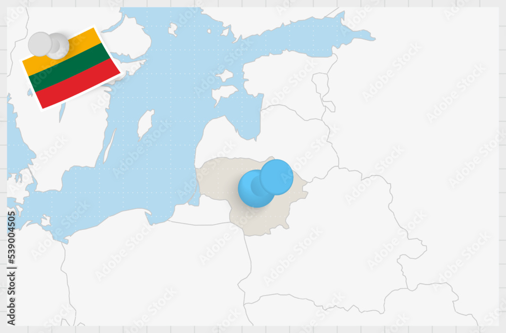 Obraz premium Map of Lithuania with a pinned blue pin. Pinned flag of Lithuania.