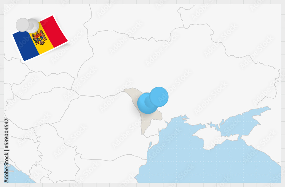 Fototapeta premium Map of Moldova with a pinned blue pin. Pinned flag of Moldova.