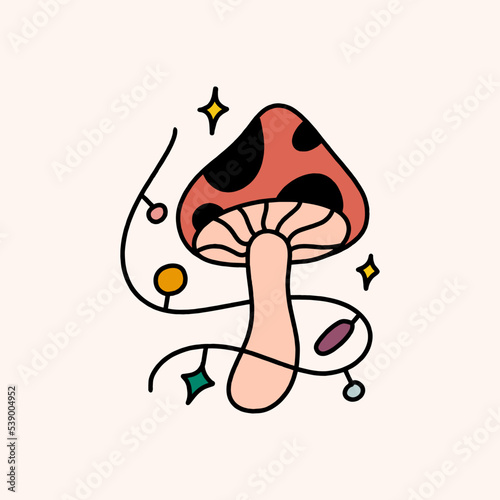 Groovy comic Xmas hippie fly agaric amanita mushroom isolated on color background. Doodle boho Christmas and New Year cartoon doodle character, holiday card, sticker, hippy coloring decor element