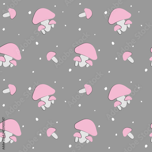 Seamless pattern with pink mushrooms and snow