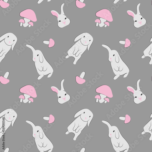 Seamless pattern with cute white rabbit and pink mushrooms