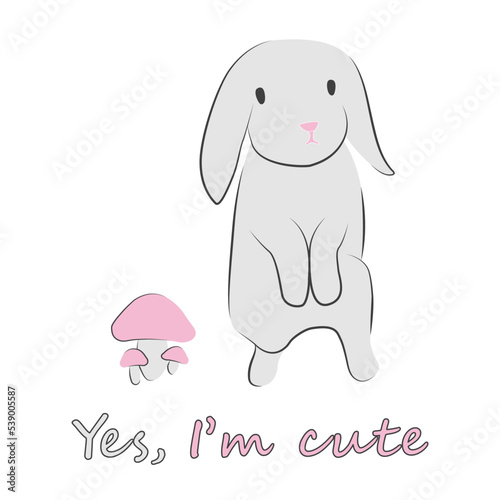 Cute grey rabbit with pink mushroom