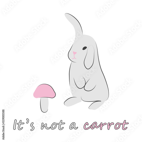 Cute grey rabbit looking at pink mushroom