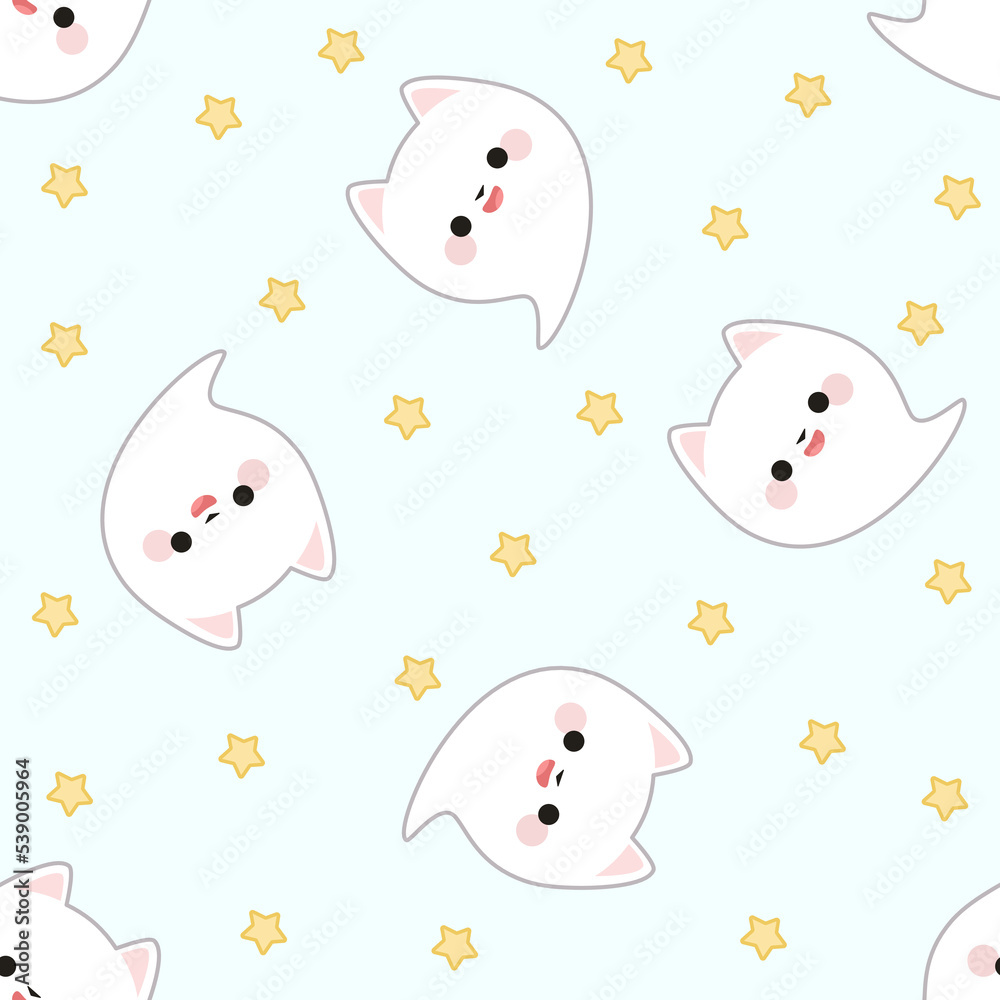 Seamless pattern of cute ghost-cat in kawaii style with stars on an isolated blue background. 